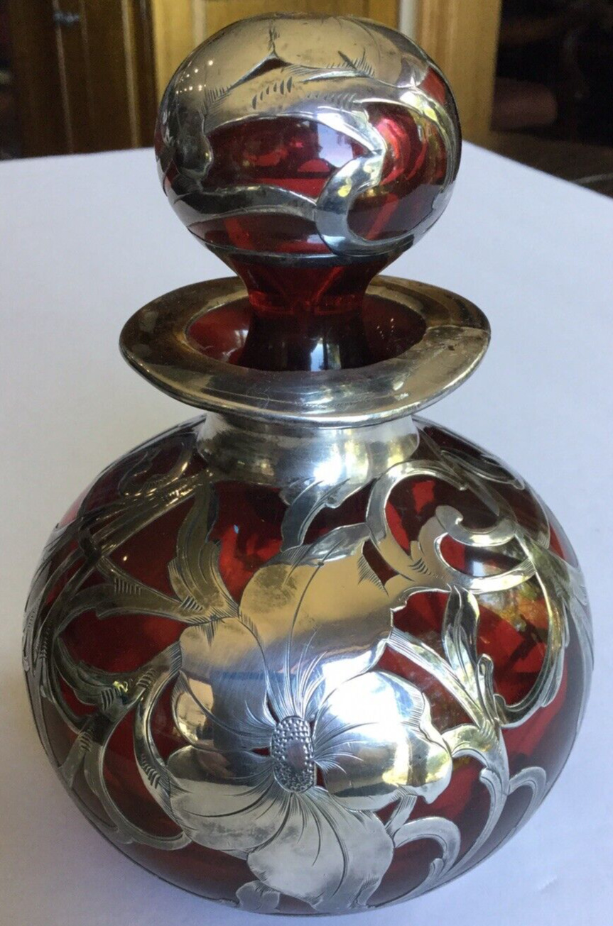 RARE Exquisite Antq Cranberry DEPOSIT Sterling Silver Overlay Perfume Bottle 6\