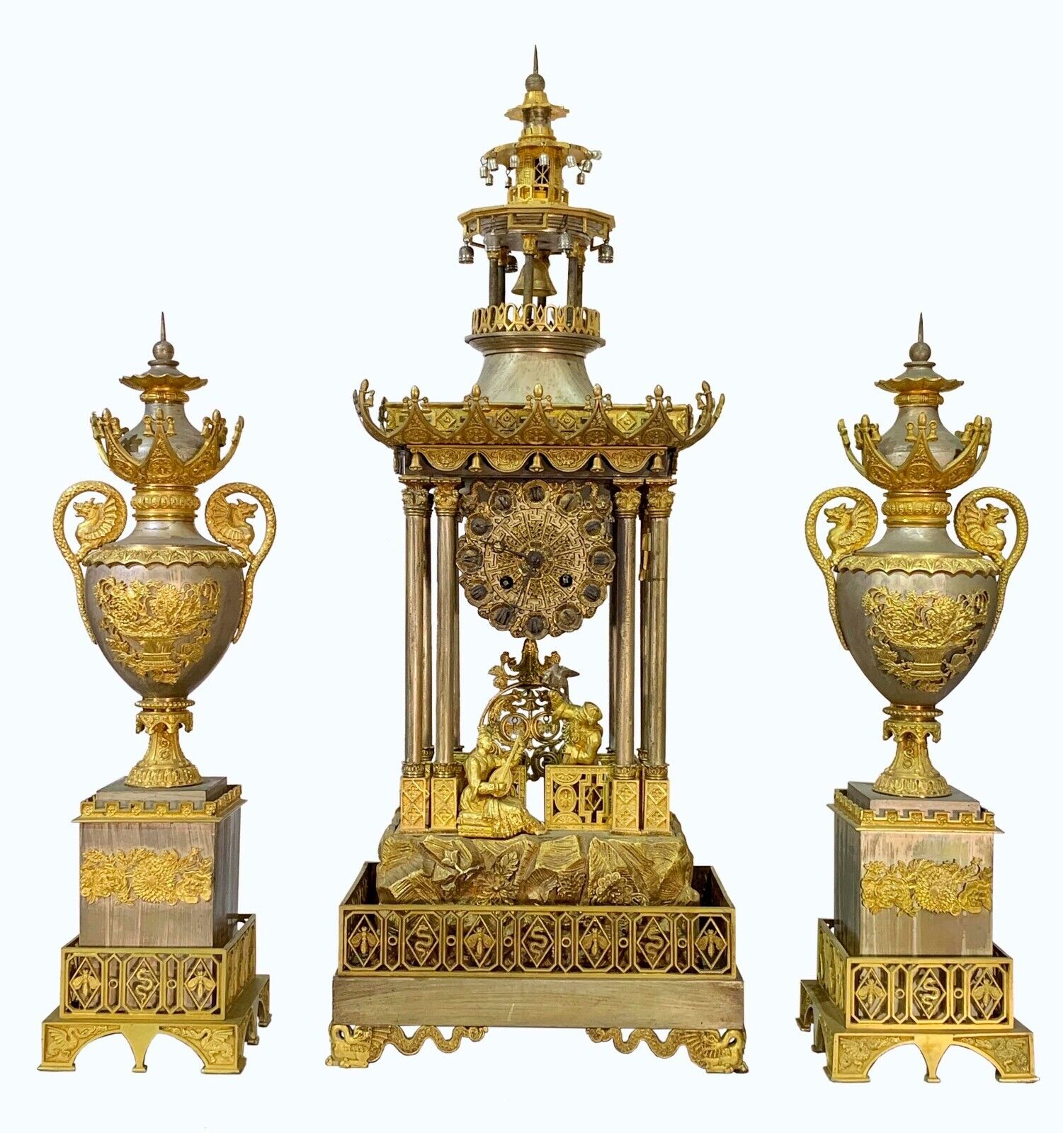 EXCEPTIONAL FRENCH ANTIQUE SILVERED & GILT BRONZE CHINOISERIE CLOCK GARNITURE