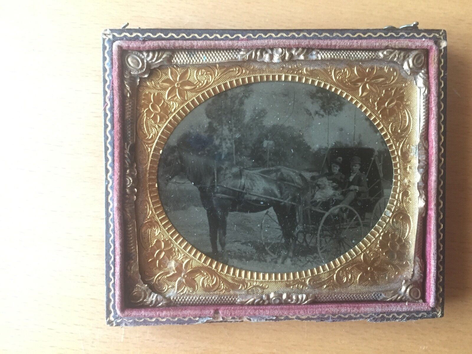 RARE HORSE CARRIAGE HUSBAND WIFE: Outdoor Horse Buggy Tintype Sixth Plate