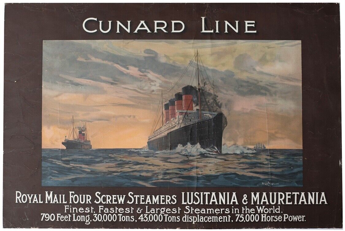 CUNARD LINE RMS MAURETANIA & LUSITANIA RARE NORMAN WILKINSON AGENTS PRINT C-1906
