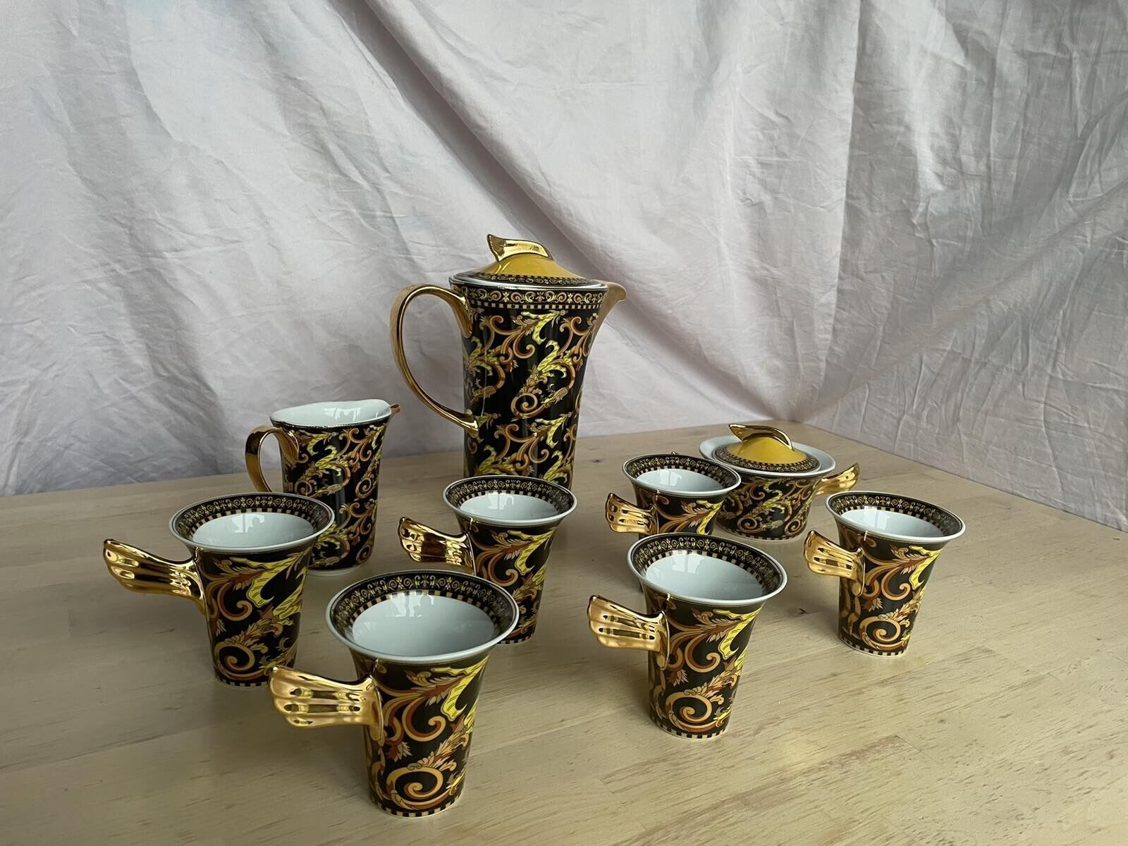 Vtg 90s Rosenthal VERSACE Porcelain BAROCCO Gold Black Medusa 9Pc Coffe Tea Set