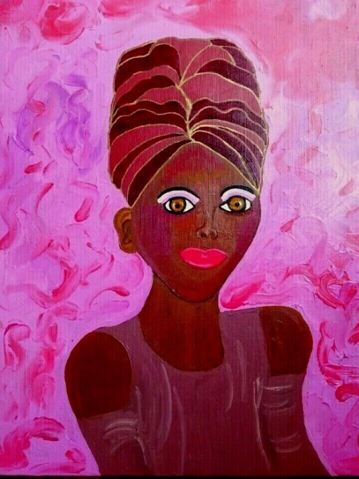 Original Authentic Painting African Black Woman Dhuku Headdress Turban Kwanzaa 