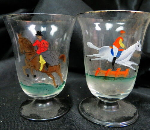 set of 8 hand painted horse rider unmarked Czeckoslovakian cordial shot glasses