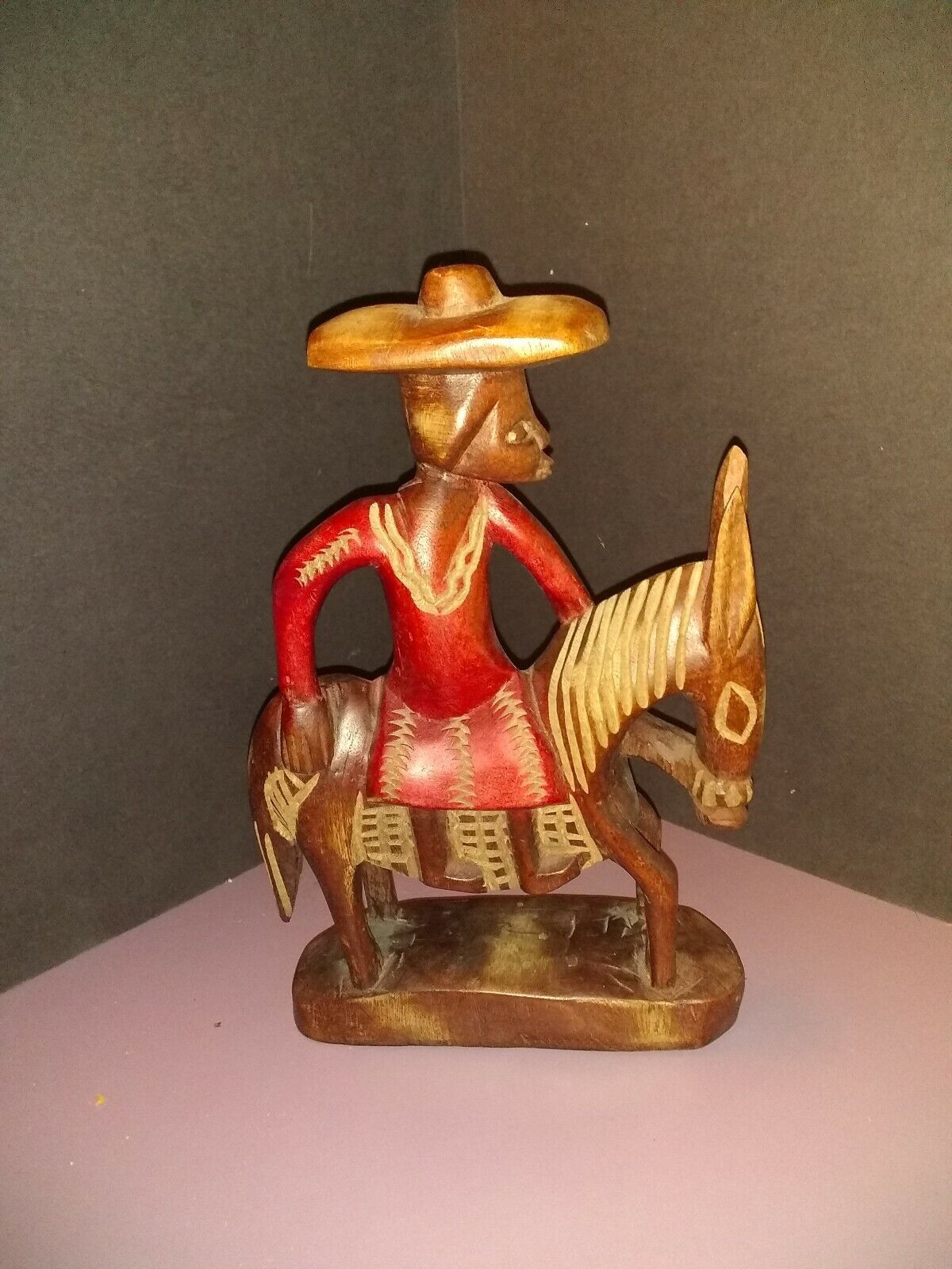 Vintage Wooden Statue of African Woman Riding Side Saddle on a Horse