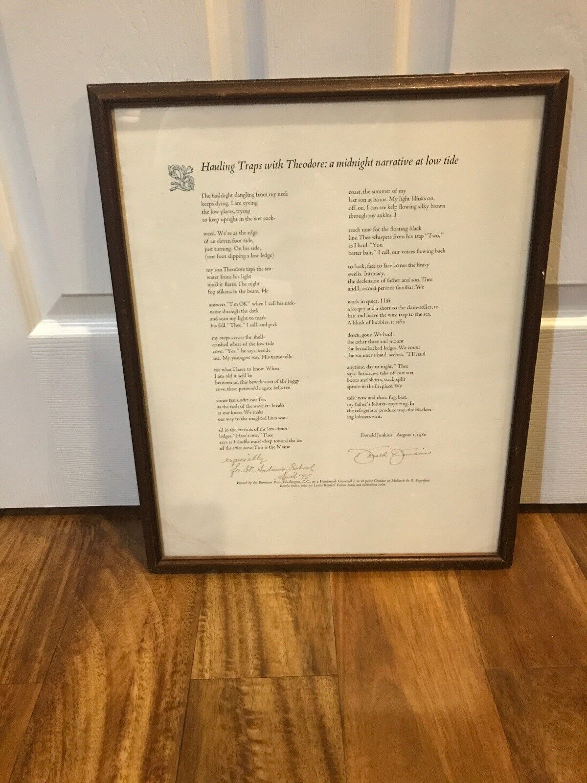 Signed Donald Junkins Poem. Hauling Traps With Theodore. Inscribed 1985