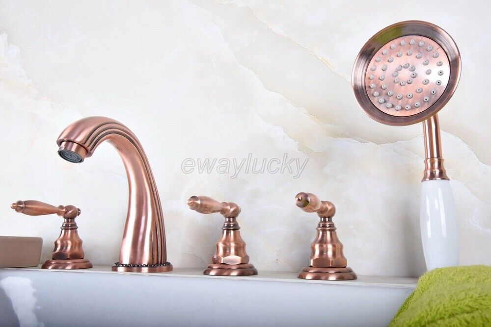 Red Copper Deck Mount Bathroom Roman Tub Faucet Mixer W/ Side Spray wtf184