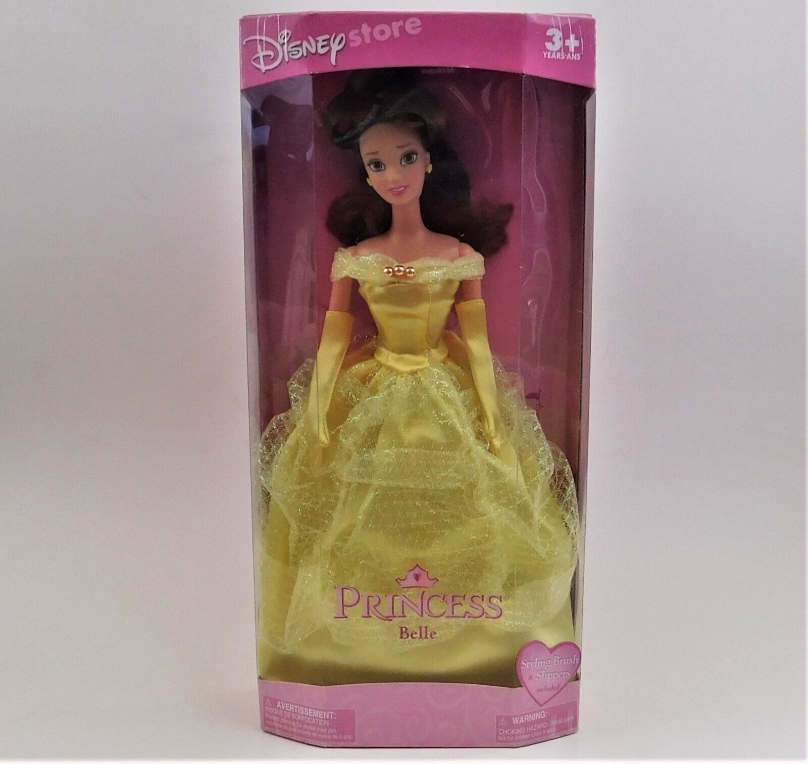 Disney Store Princess Belle Doll Beauty and Beast Yellow Dress Brush Slippers