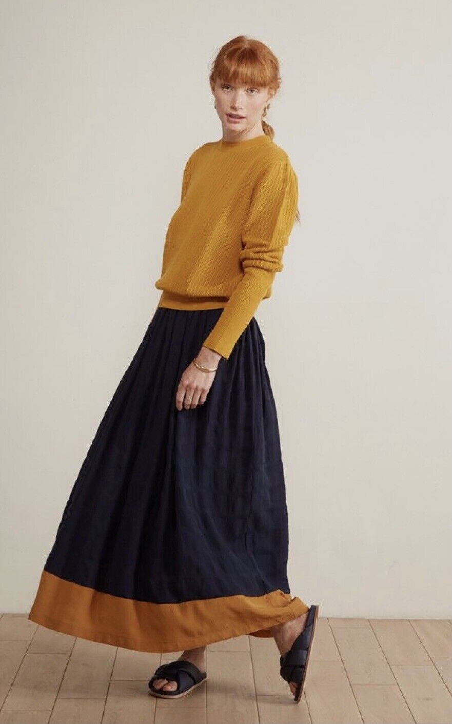 The Odells Colorblock Navy Mustard Yellow Smocked Maxi Skirt Size Small $225