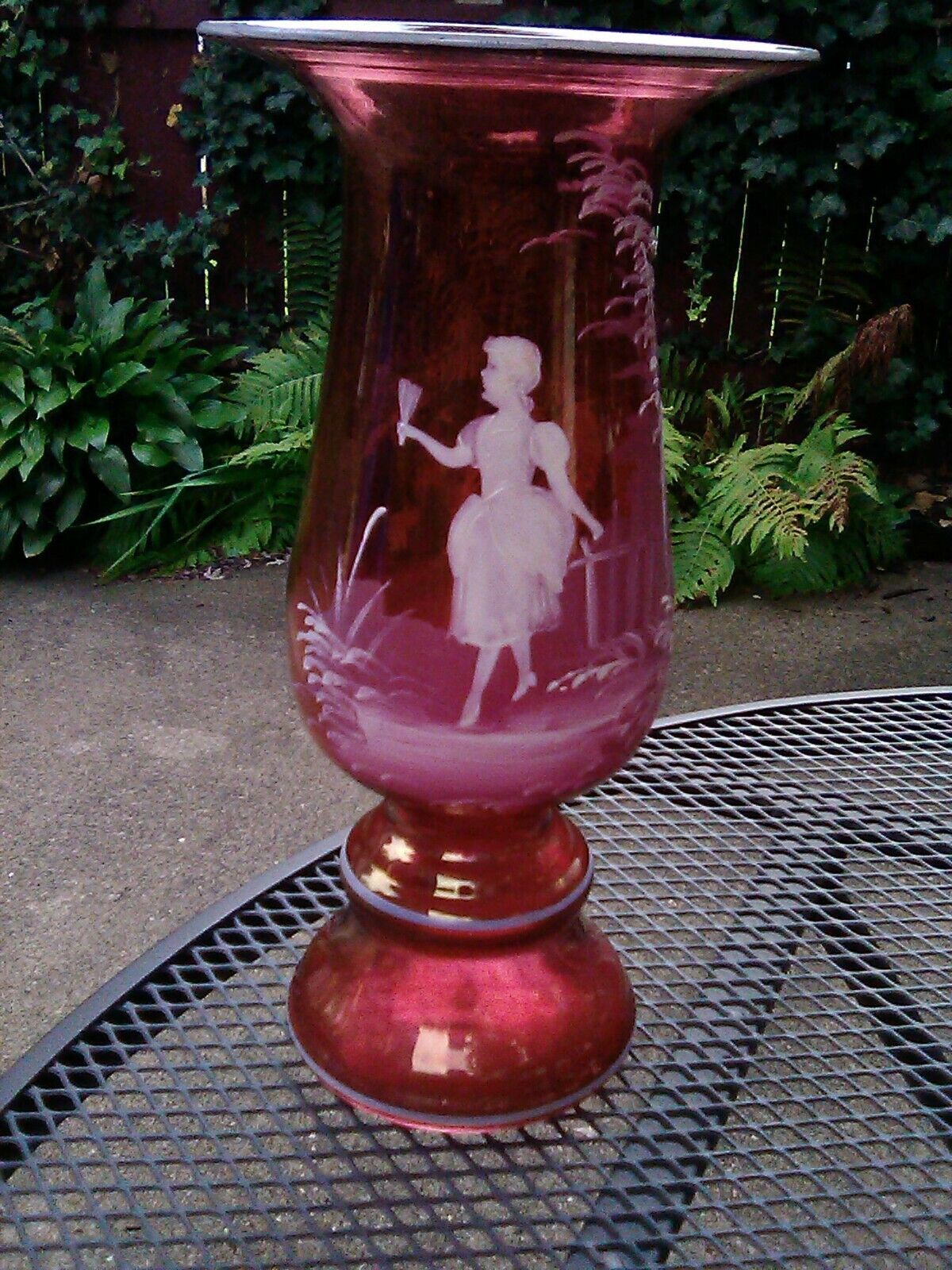 Antique Victorian Cranberry Mary Gregory Vase Little Girl w/ Fan  Late 19 th.