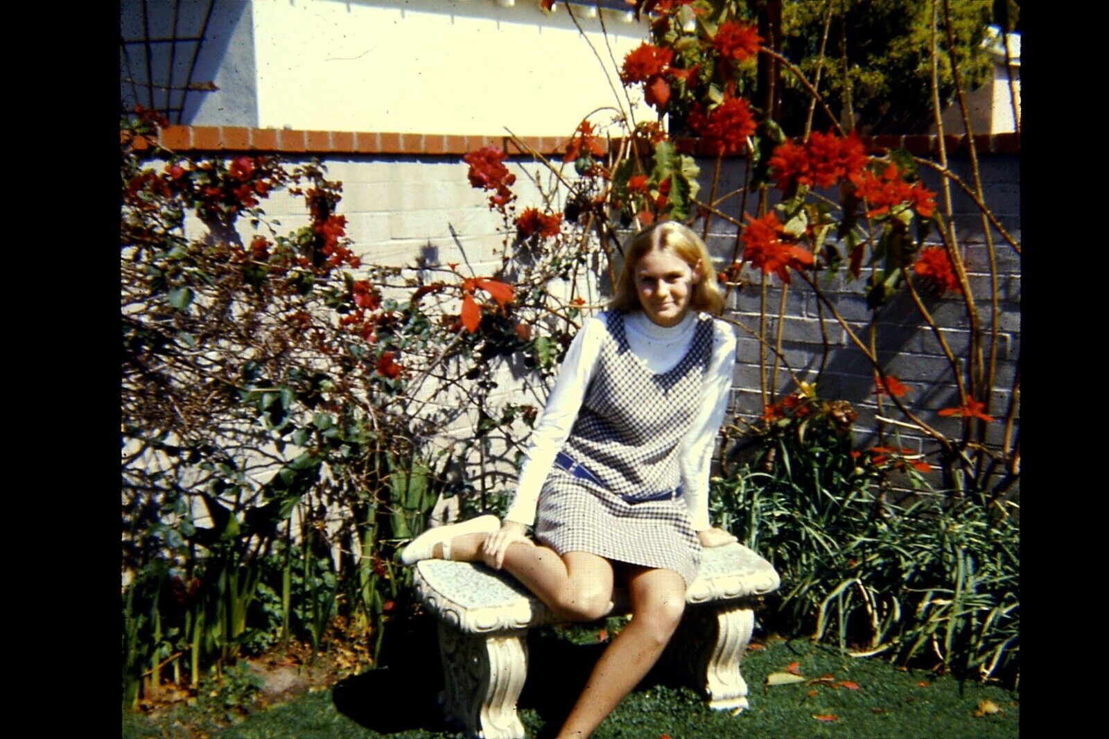 Original 35mm Slide Photo Classic 1960\'s Vtg  Teenage Girl with summer flowers