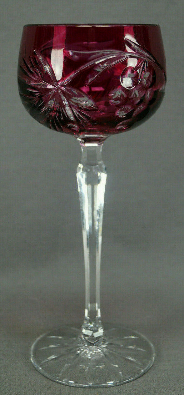 Vintage Czech Bohemian Cranberry Cut to Clear Grapes & Leaves Crsytal Hock Wine