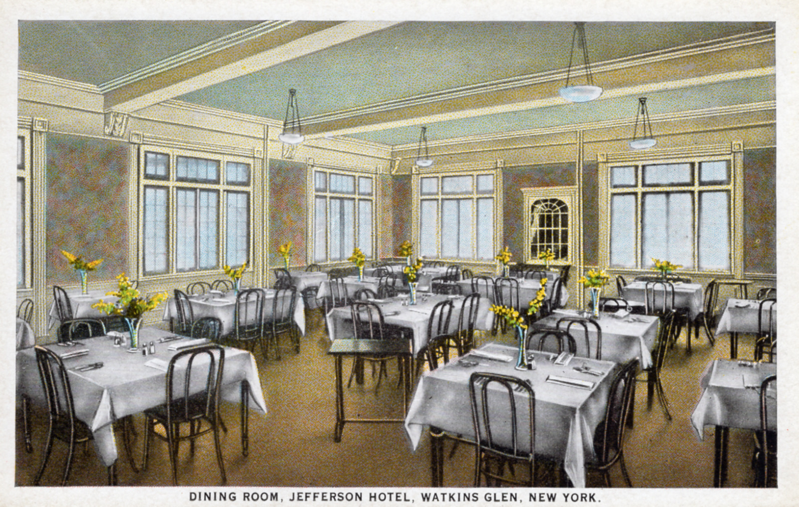 Vintage unposted postcard Dining Room Jefferson Hotel Watkins Glen New York 