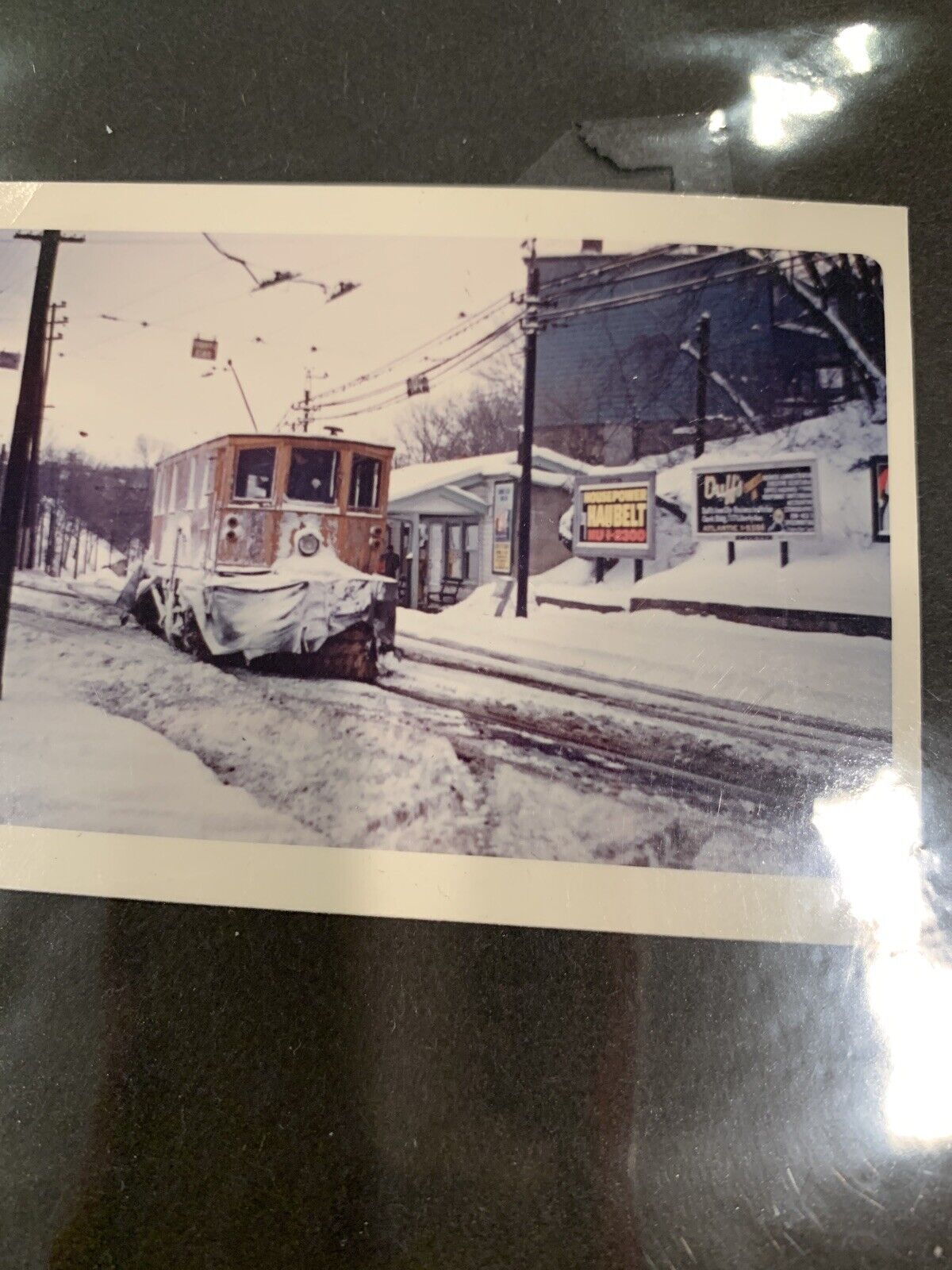 Antique Color Electric Streetcar in Snow at Station ORIGINAL PHOTO 2.5: x 3.25\