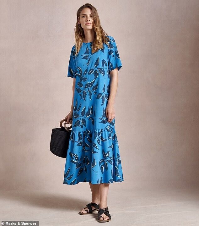M&S AUTOGRAPH *NEW* Blue & Black Floral Tiered Dress Size 18 RRP £59