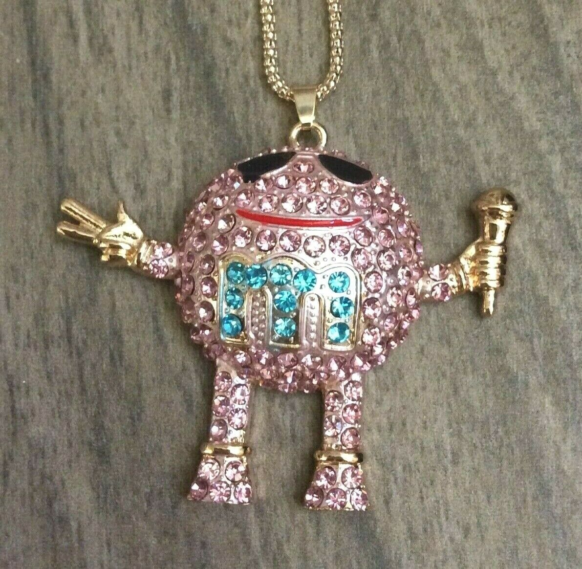 BETSEY JOHNSON LARGE PINK CRYSTAL INLAY M & M CANDY DOLL PENDANT NECKLACE NEW
