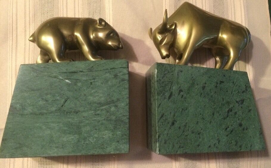  GATCO BULL & BEAR Of Wall Street BOOKENDS Green Marble Solid Brass Bronze*