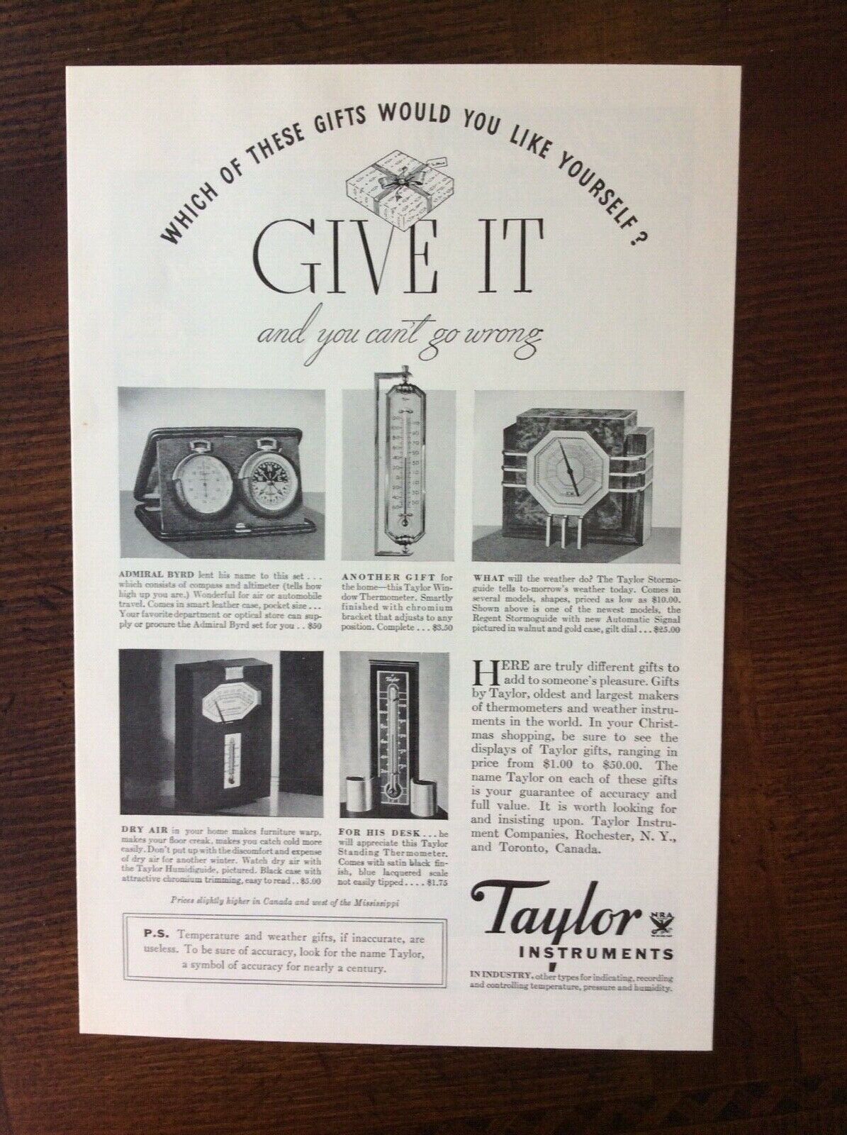 1934 vintage Original ad Taylor Weather Instruments fantastic condition 