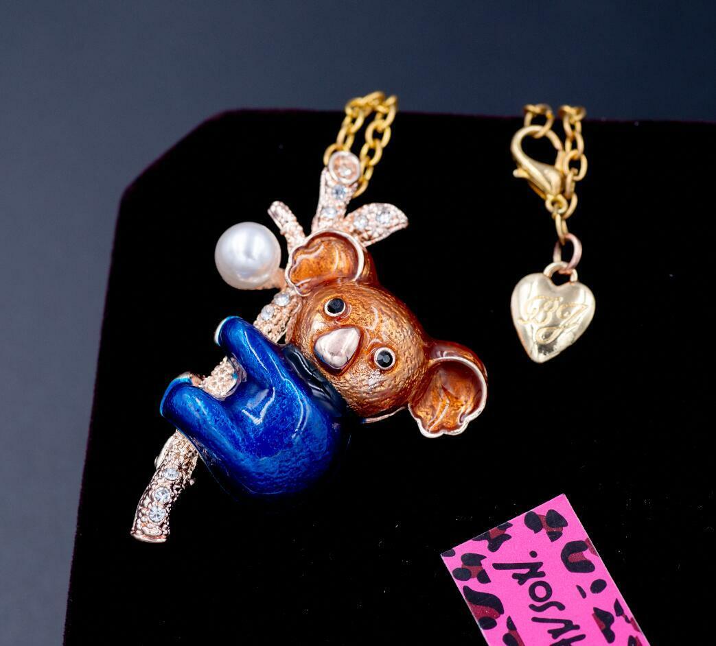 Betsey Johnson Alloy Enamel Pearl Multi-Color Bear Pendant Chain Necklace Brooch