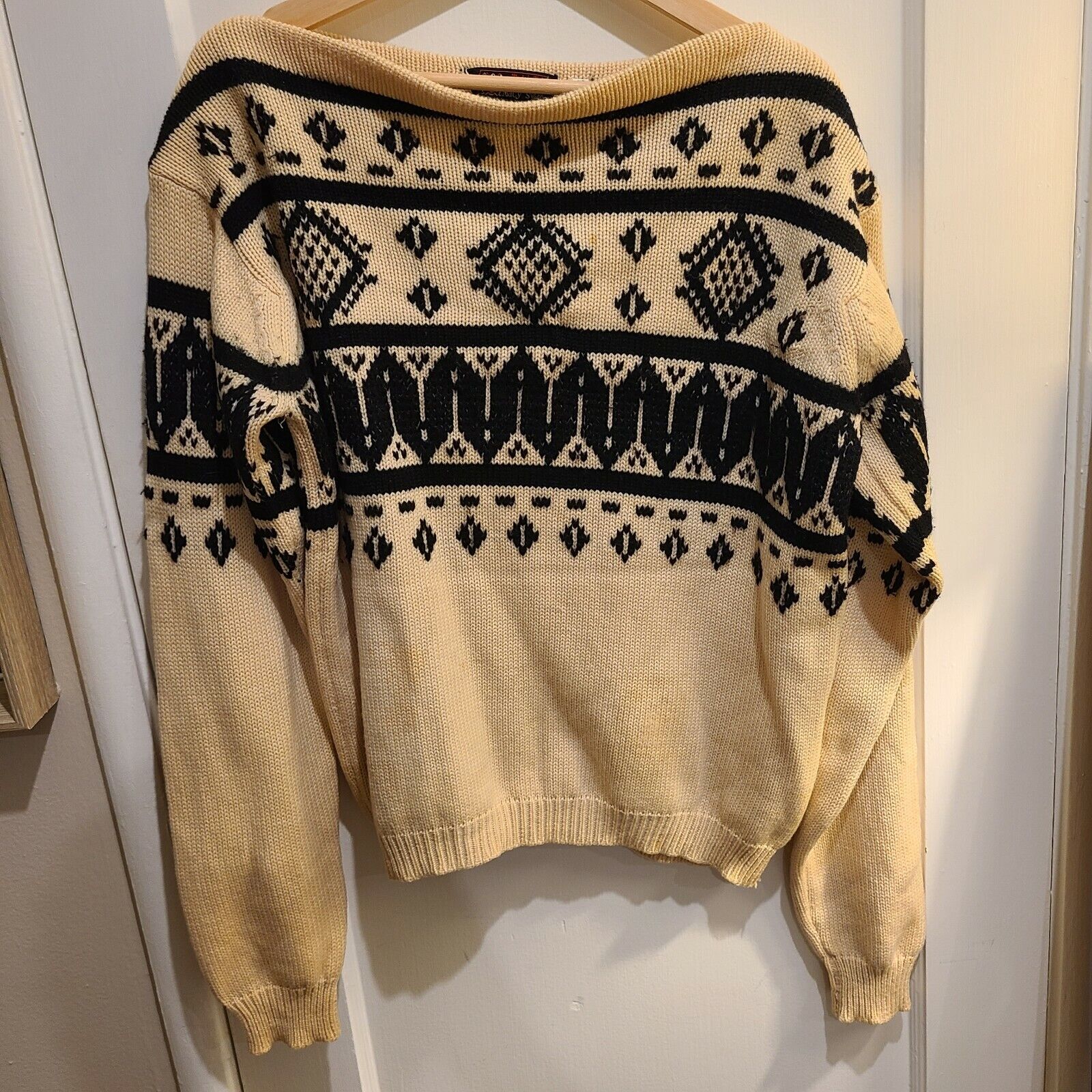 VTG Macys Mens Store Medium Ivory Fair Isle Pullover Sweater Wool Blend Italian