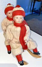 Antique Christmas Heubach child bisque large double Sledder candy container picture