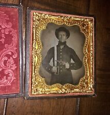 Superb Ambrotype 2x Armed Confederate Civil War Soldier Bowie Knife & Tinted Gun picture