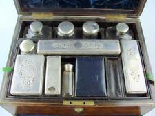 Antique Victorian Mens Vanity Dressing Case w/ Silver & Cut Glass Toiletries Set picture