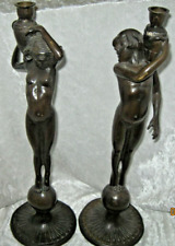 antique bronze girl and boy Candle Stick holders standing on balls picture