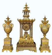EXCEPTIONAL FRENCH ANTIQUE SILVERED & GILT BRONZE CHINOISERIE CLOCK GARNITURE picture