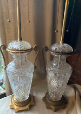  Pair Antique Vintage Marbro Heavy Cut Glass Crystal Urn Brass Table Lamps Mask  picture