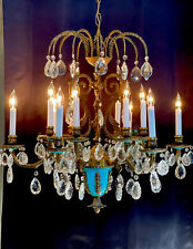 EXQUISITE Antique French Bronze Brass Blue Tole Crystal Chandelier 30” WIDE picture