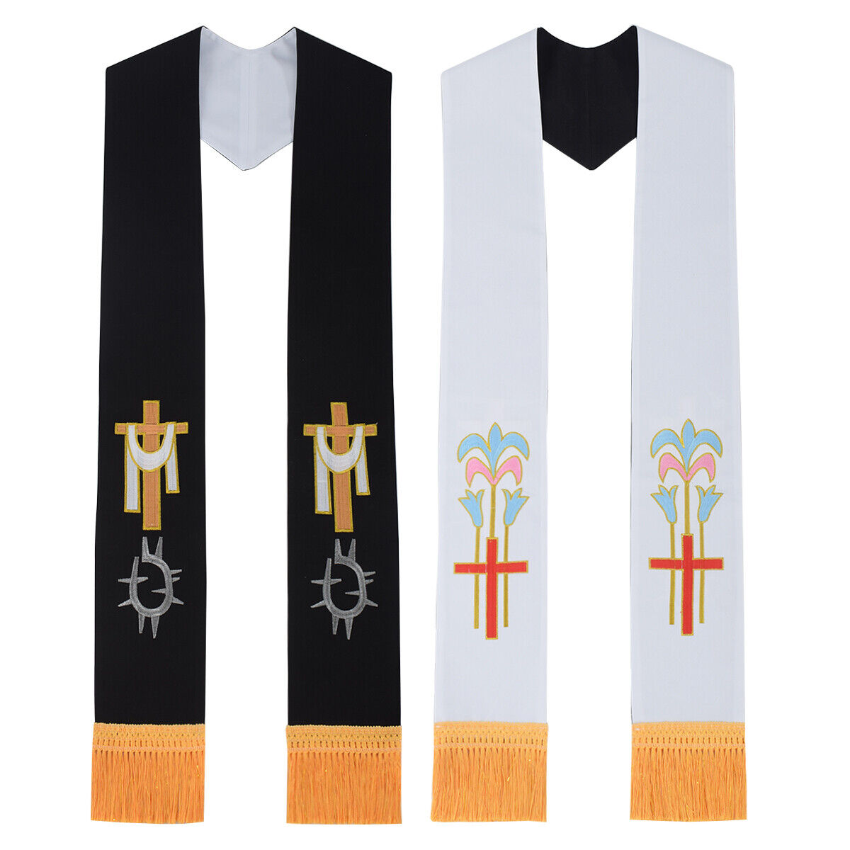 Catholic Clergy Reversible Liturgical Stole Cross Lily Black White Mass Stole
