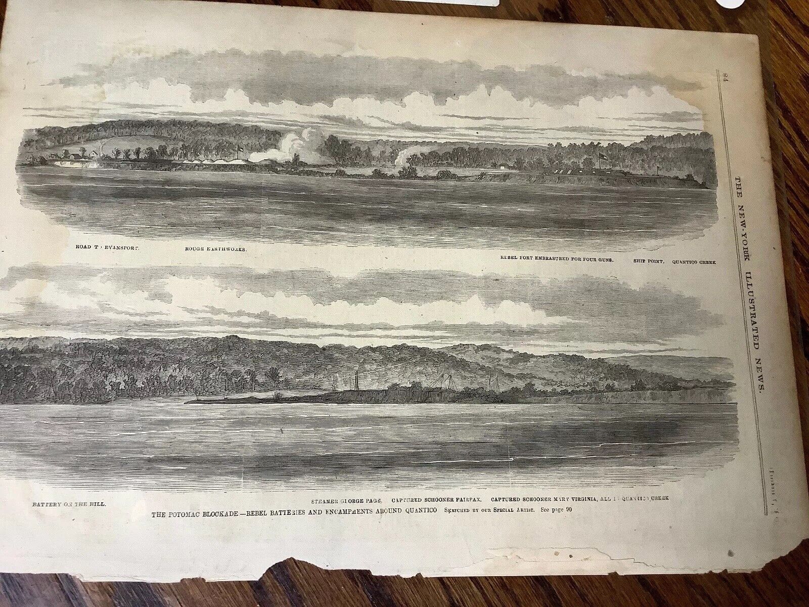 Antique 1861 Civil War Newspaper Page Potomac Blockade Quantico Illustrations