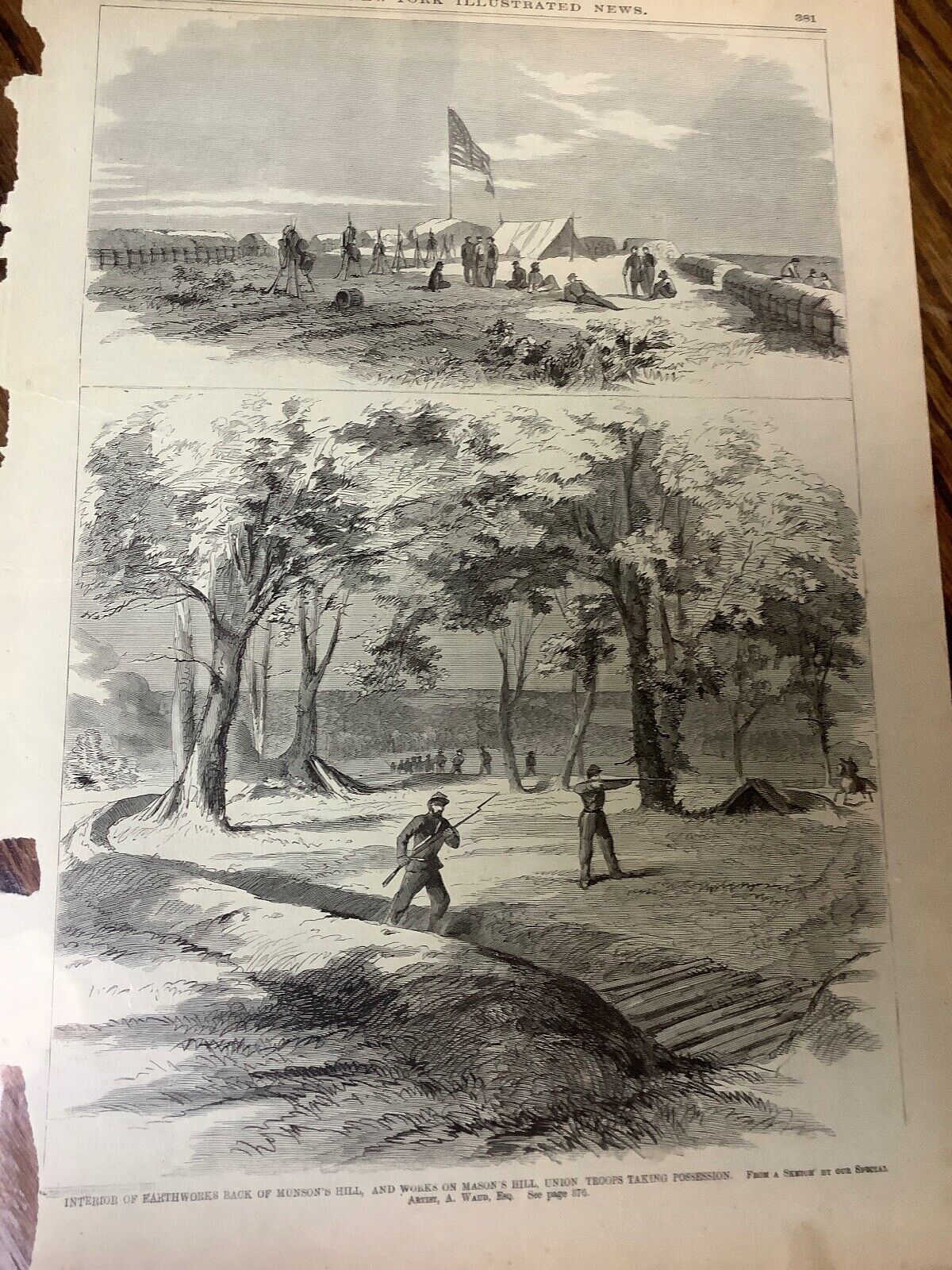 Antique 1861 Civil War Newspaper Page Union Troops Munson’s Hill Mason’s Picture