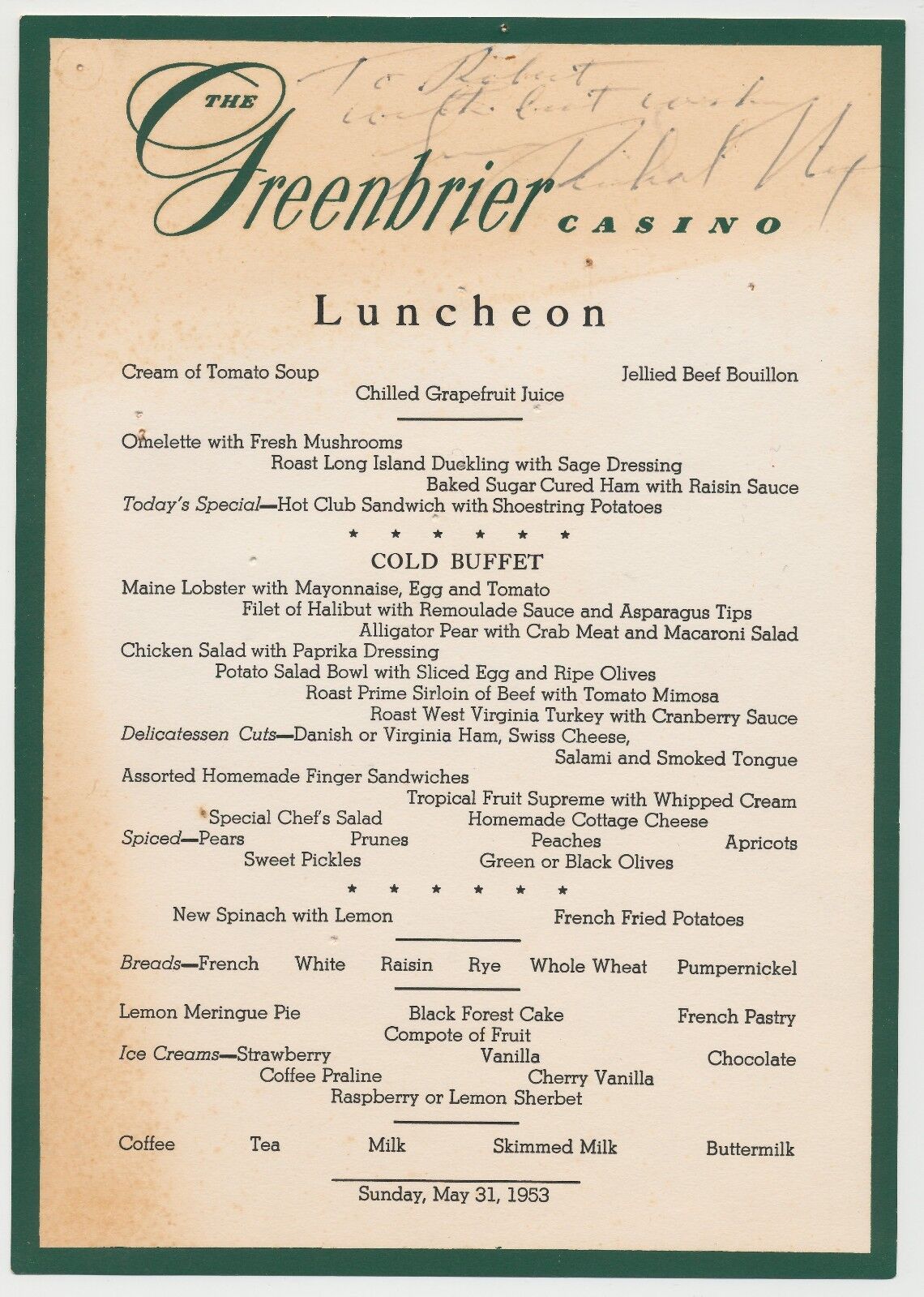 President RICHARD NIXON Signed Greenbrier Hotel Luncheon Menu 1953 - JSA