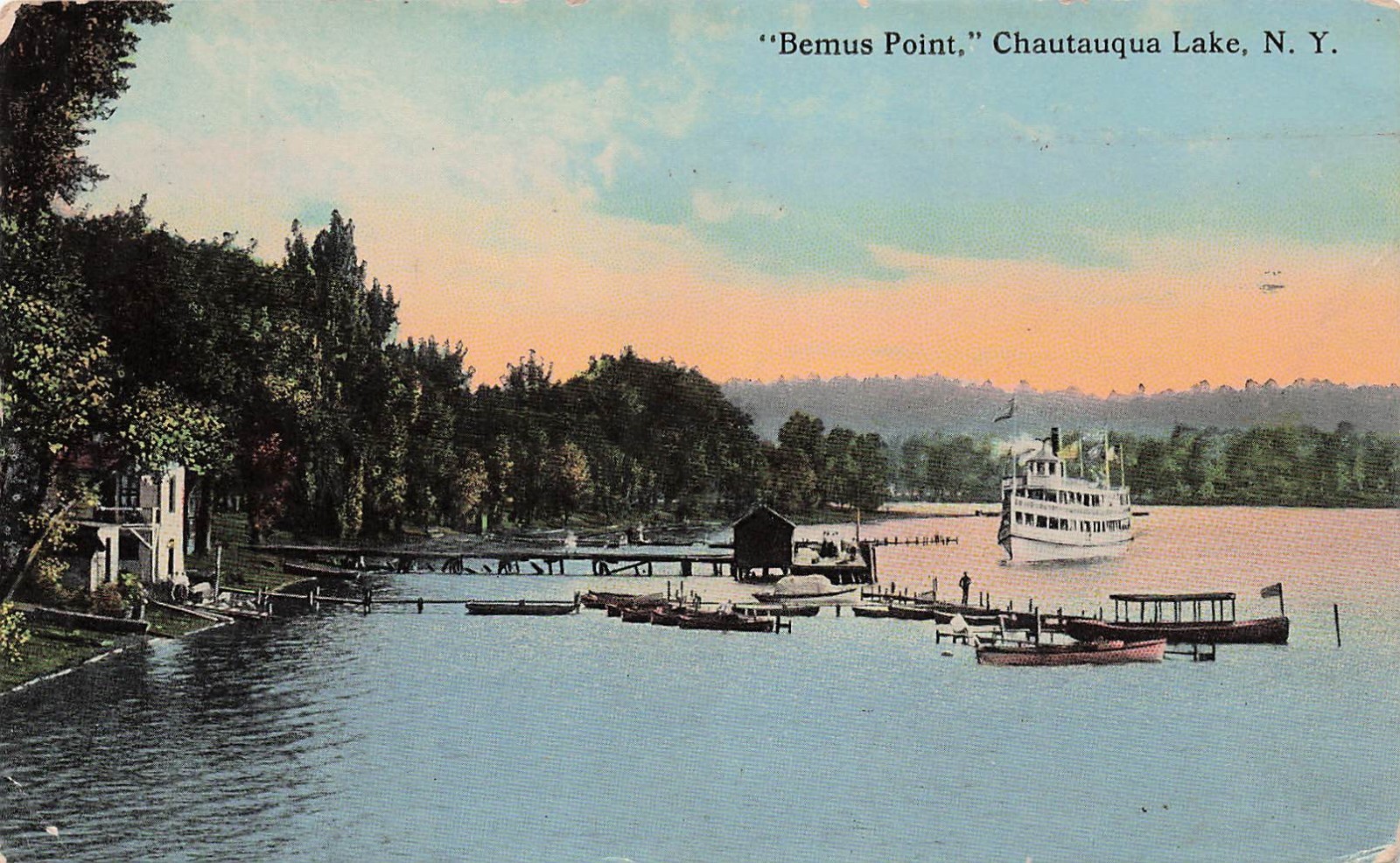Bemus Point NY New York Chautauqua Lake Steamboat Dock Scenic Vtg Postcard K32