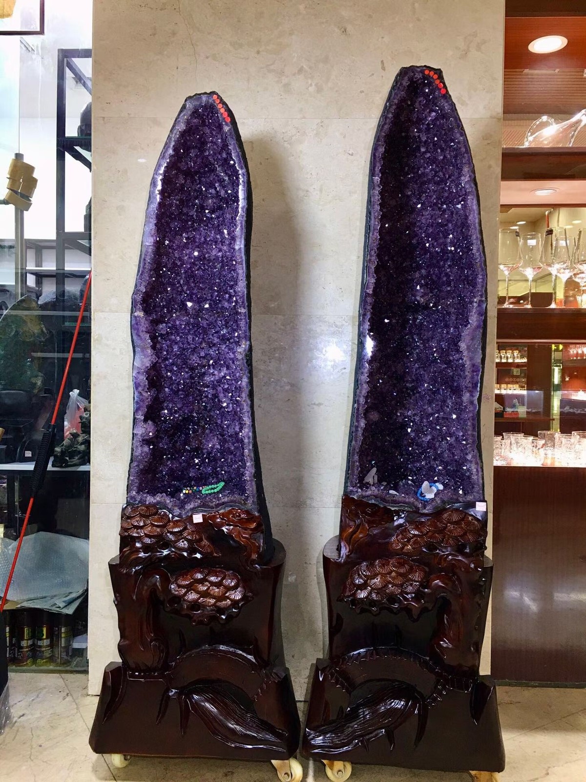 880LB Natural Amethyst Geode Cathedral Crystal Cluster Specimen Decor Pair+Stand 880LB Natural Amethyst Geode Cathedral Crystal Cluster Specimen Decor Pair+Stand