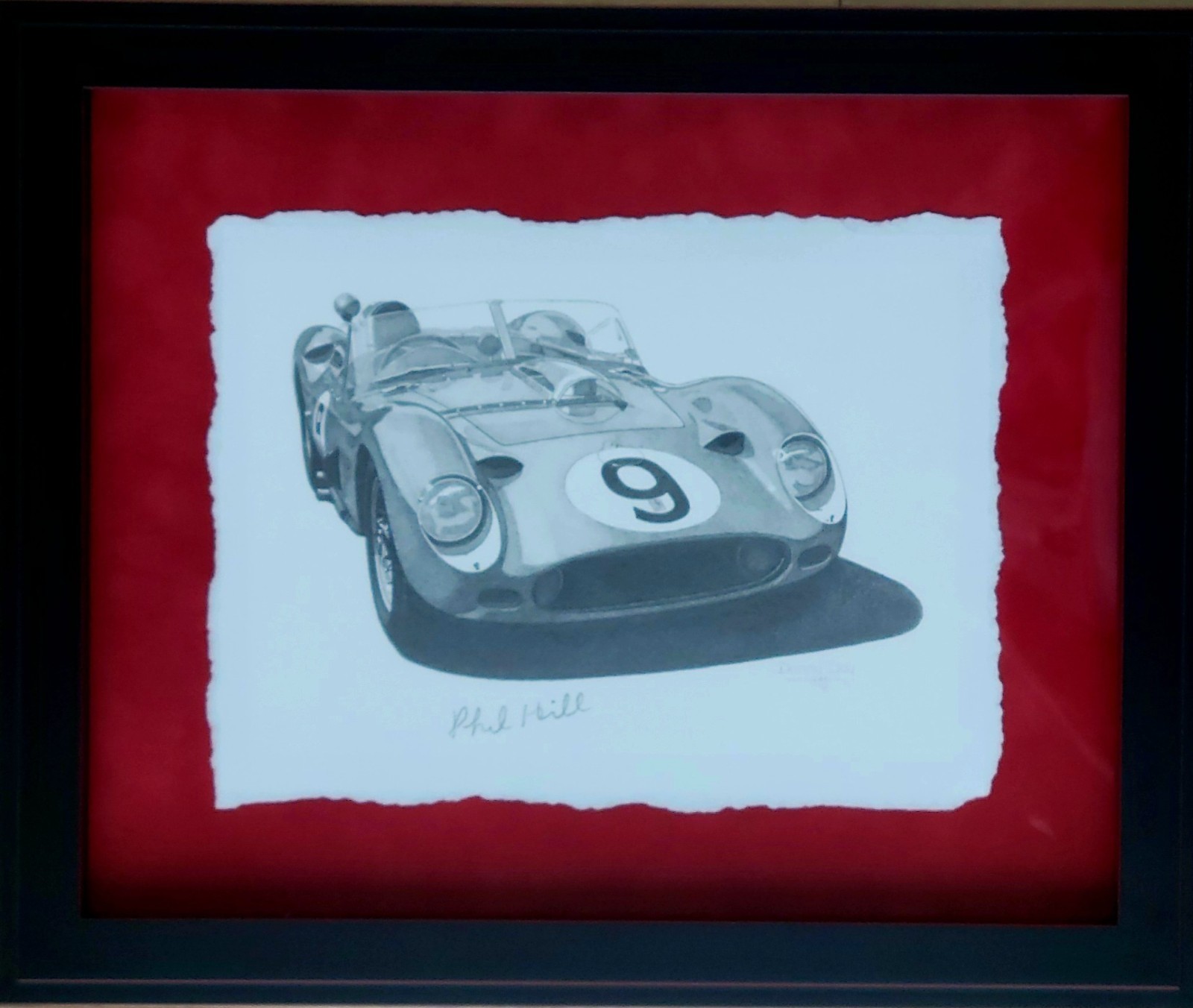 Ferrari Testa Rossa Original Pencil Drawing Danny Day Signed Phil Hill Framed Ferrari Testa Rossa Original Pencil Drawing Danny Day Signed Phil Hill Framed