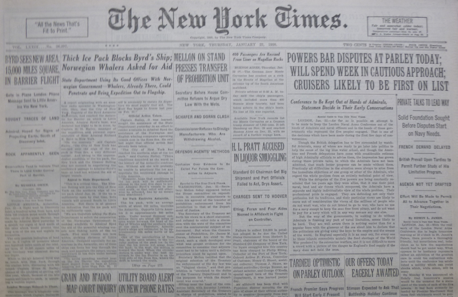1-1930 January 23 BYRD SEES NEW AREA. THICK ICE BLOCKS SHIP. H.L.PRATT LIQUOR 