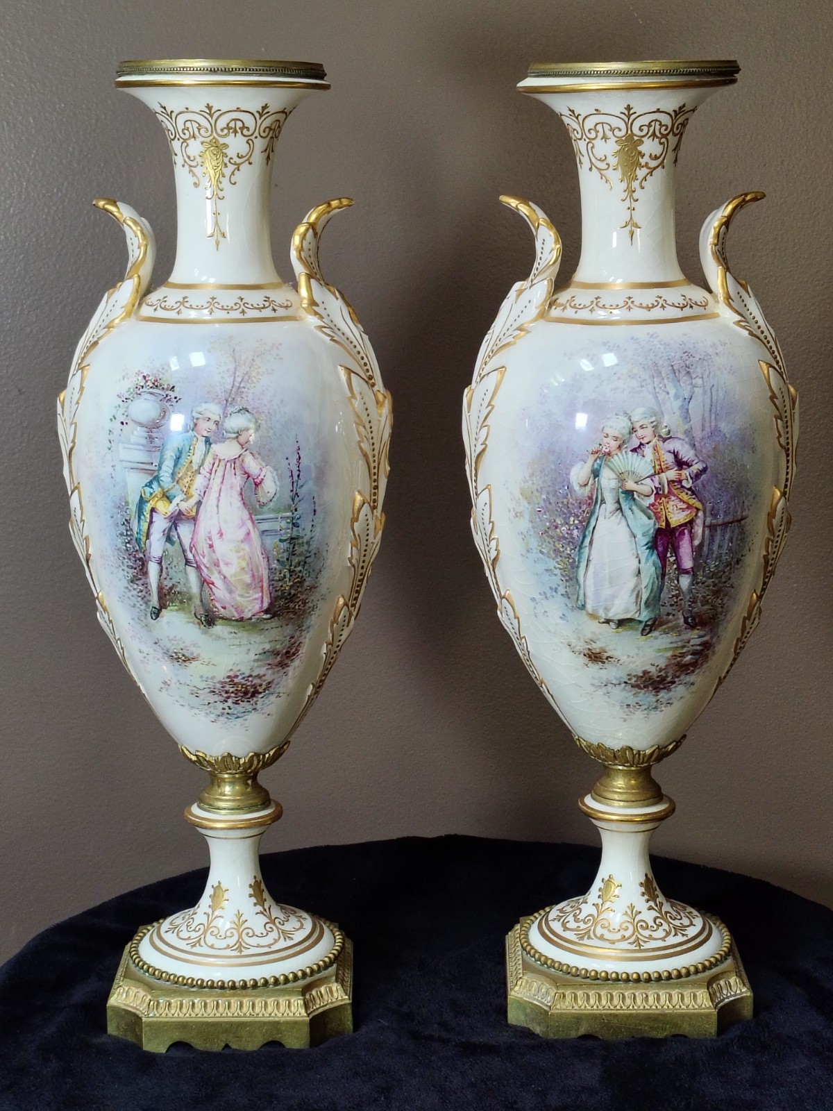 c1890 Pair French Sèvres Porcelain Mounted Urns Signed A. Hété Embossed Gold c1890 Pair French Sèvres Porcelain Mounted Urns Signed A. Hété Embossed Gold