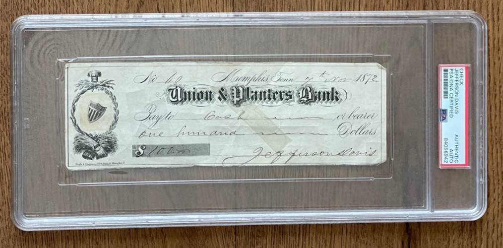 Jefferson Davis PSA Signed Check Autograph Confederate President bas Civil War Jefferson Davis PSA Signed Check Autograph Confederate President bas Civil War