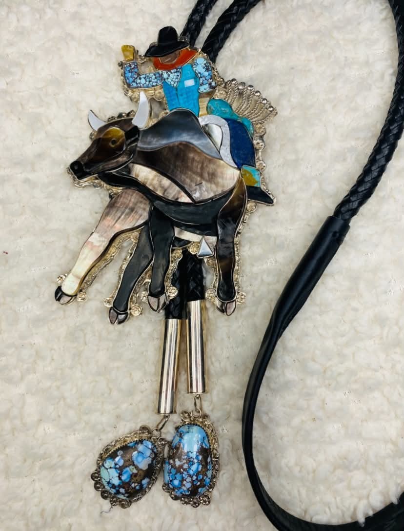 Rare Native American Zuni Eldred Martinez Turquoise Bucking Bull Rider Bolo Tie