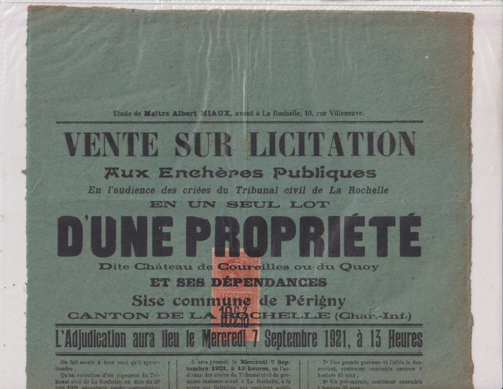 7-09-1921. Posters. Sale. Bidding. Castle. Coureilles. Du Quoy. Dep 17. RRR