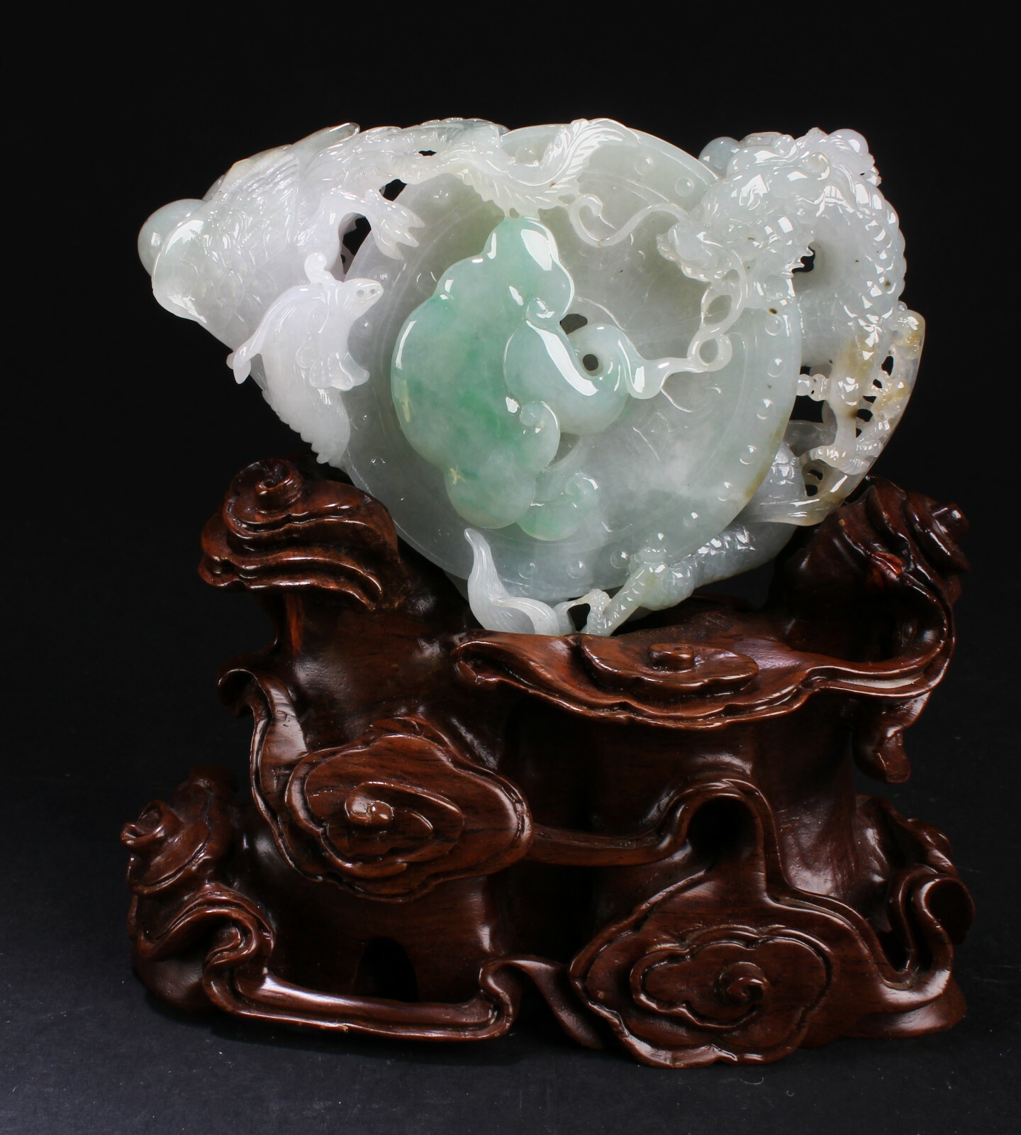Chinese Carved Burmese Jade San Cai Ornament With Stand Chinese Carved Burmese Jade San Cai Ornament With Stand