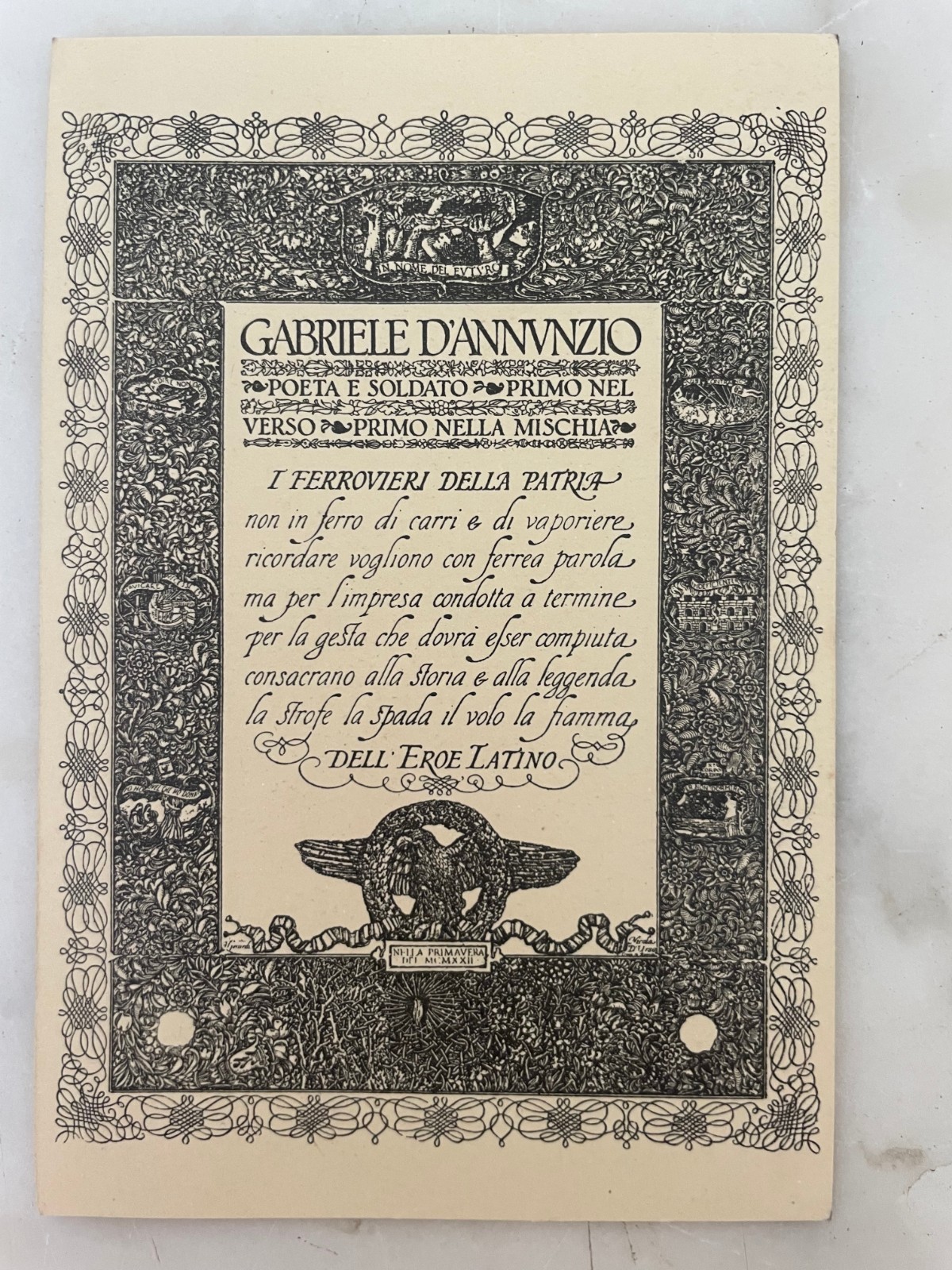 Unpublished Gabriele d'Annunzio 1922 cardboard railway workers Nicola D'Urso Unpublished Gabriele d'Annunzio 1922 cardboard railway workers Nicola D'Urso