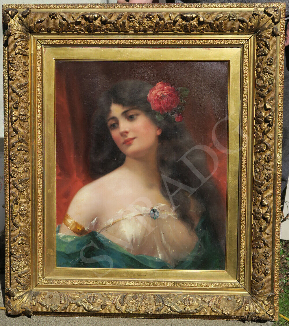 Emile Vernon Antique Oil Canvas French Painting Gilt Frame Time of Roses portrai