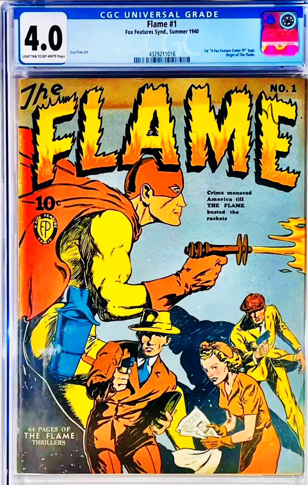 ⭐️The Flame #1, 1940 CGC 4.0, Key Origin⭐️ Classic Lou Fine Cover, 1st Fox Logo ⭐️The Flame #1, 1940 CGC 4.0, Key Origin⭐️ Classic Lou Fine Cover, 1st Fox Logo