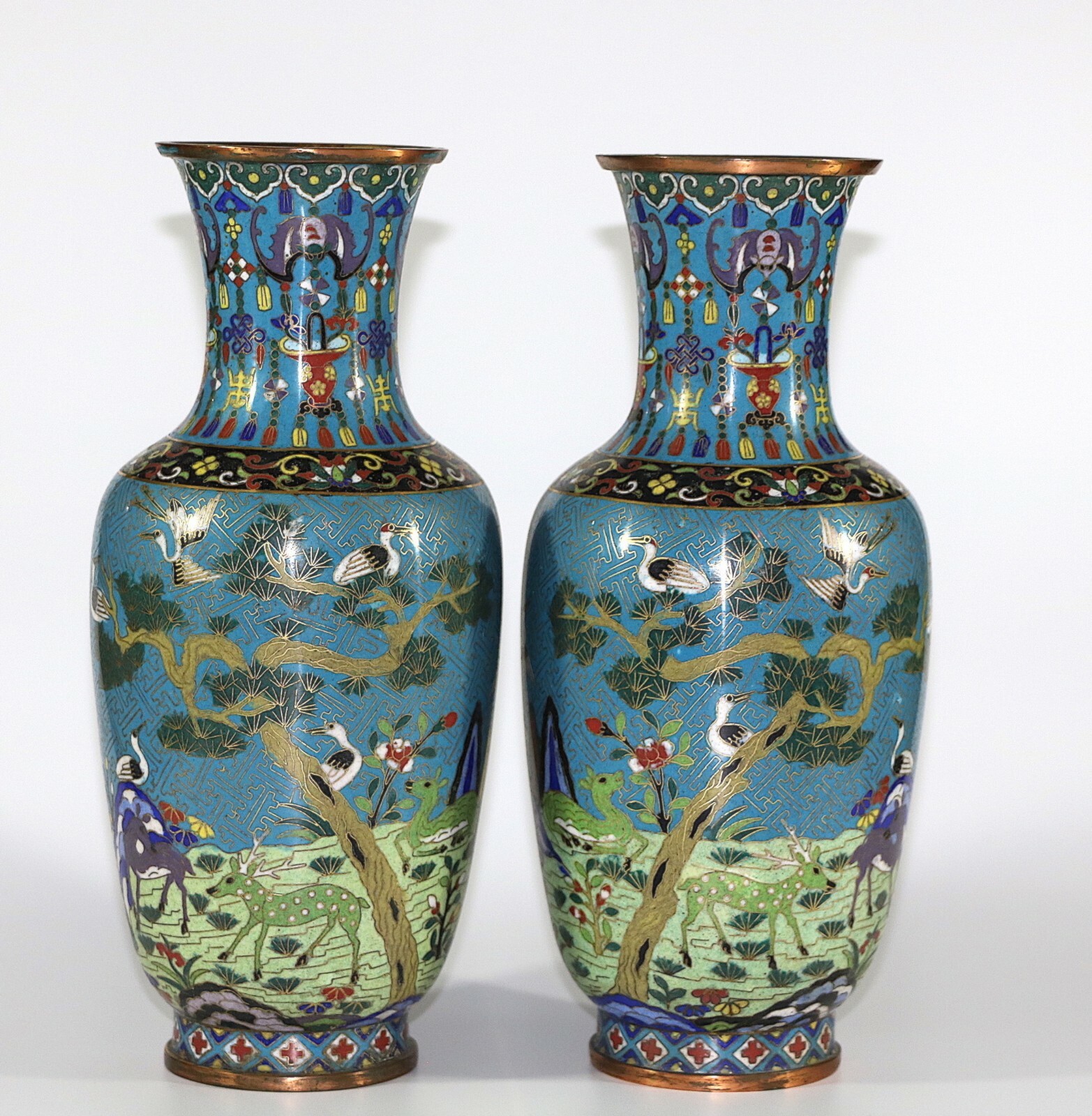 Early to Middle 19th Century Qing dynast cloisonne vase with crane, deer 696 Early to Middle 19th Century Qing dynast cloisonne vase with crane, deer 696