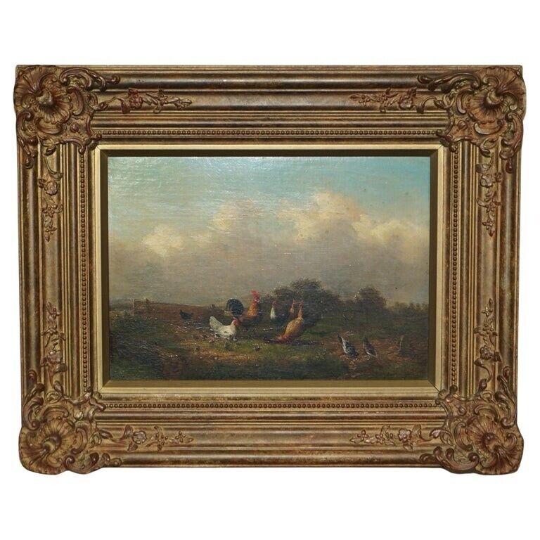 FINE VICTORIAN OIL PAINTING SIGNED MAYER CIRCA 1880 OF ROOSTERS CHICKENS & BIRDS