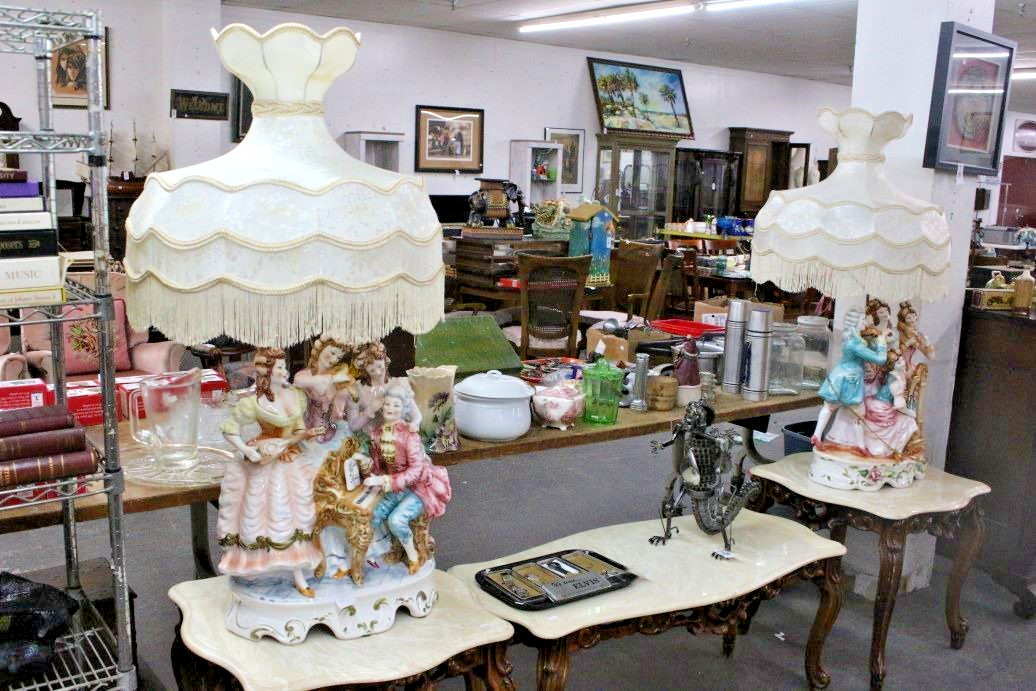 Set - 2 Gorgeous Vintage Victorian Capodimonte 45” Tall Lamp With Original Shade