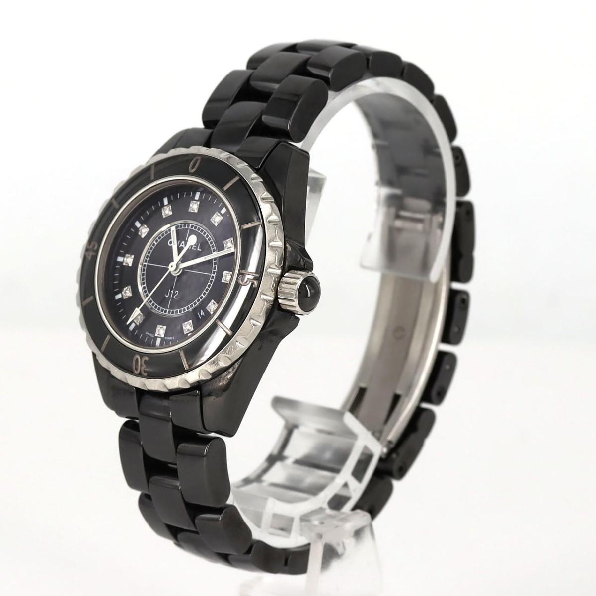 CHANEL J12 Ceramic 12 Diamonds 33mm Quartz Wristwatch Black H1625 w/Box Papers